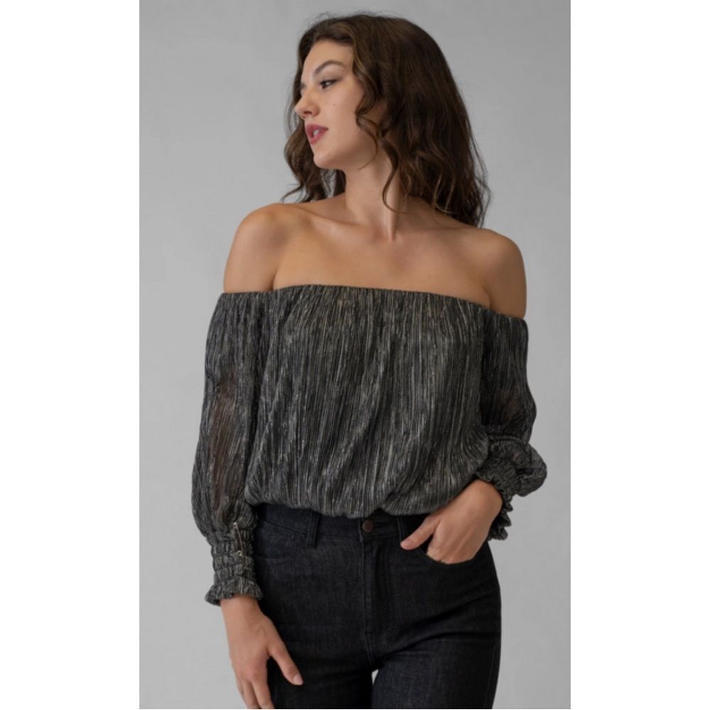 NWT Adrienne Landau Metallic Top Medium Off Shoulder Shirred Party Glam Date